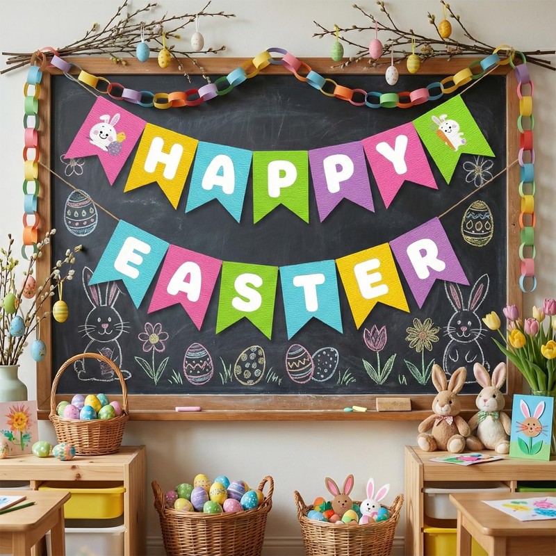 Adurself Happy Easter Burlap Look Fabric Banner, Pre-Assembled Canvas “HAPPY