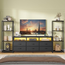 BTHFST 65 inch TV Stand, 6 Drawers TV Stand Dresser with 2 Industial 4-Tier Bookcase, LED Entertainment Center with Power Outlets, Modern TV Media Console with Shelves for Living Room, Bedroom, Black