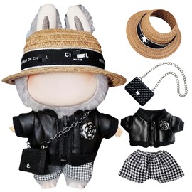 Clothes for 17cm Doll(No Doll) – Cute 4-Piece Straw Hat, PU Leather Jacket&Houndstooth Shorts Outfit with Chain Bag,Chic Fashion Accessories Set Compatible with 17cm Collectible Art-Toy Figures