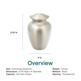 Classic Pewter Cremation Urn for Ashes - Extra Small, Brass, Silver Urn, Child Urn, Extra Small Sized Cremation Urn, 5.75 Inches High