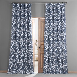 HPD HALF PRICE DRAPES Fleur Printed Cotton Hotel Blackout Curtains for Bedroom 96 Inches Long (1 Panel), Rod Pocket Window Curtains for Living Room, 50 X 96, Fleur Blue
