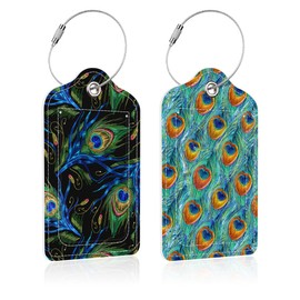 iapodiad 2 Pack Green Peacock Feather Luggage Tag for Suitcase,Peacock Feathers PU Leather Suitcase Tags Identifiers with Privacy Name Address Labels and Steel Loop for Women Men Travel