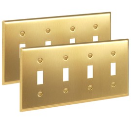 Rio Salto STANDARD SIZE Modern Metal Toggle Gold Light Switch Cover Wall Plate Corrosion Resistant Duplex Receptacle Wallplate Covers 4 Gang Brushed Brass Togle Switch 4-Gang (2-Pack)