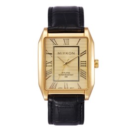 Classic Rectangular Black Leather Strap Watches for Men - 38mm Ion Polished Men Watches with Scratch Resistant Glass - 100ft Water Resistant Men's Wrist Watches (Gold Case, Gold Dial, Roman Numerals)