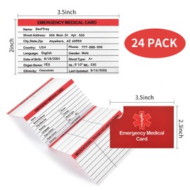 Paquete de 24 tarjetas rojas de identificación de contacto de emergencia y condición médica de emergencia, tarjeta de información médica de emergencia, tarjeta de alerta médica, lista de medicamentos