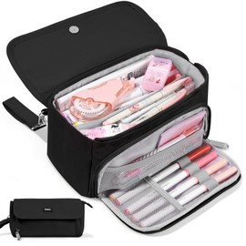 Sooez Super Large Pencil Case, Big Capacity Pencil Bag with 3 Compartments, Aesthetic Pencil Pouch with Zipper, Pencil Case Organizer, Aesthetic School Study Supplies Stuff, Black