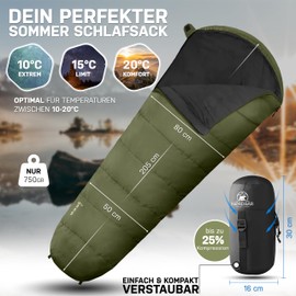 NORDBÄR® Summer Sleeping Bag Ultralight & Compact [750 g] with Small Pack Size | Mummy Sleeping Bag Lightweight & Warm [100 GSM] | Hut Sleeping Bag for Outdoor, Camping and Travel
