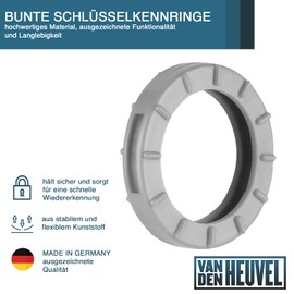 van den Heuvel - Key Rings (10 Pcs) for Standard Size Round Key Heads, Key Ring with Key Sign, Grey