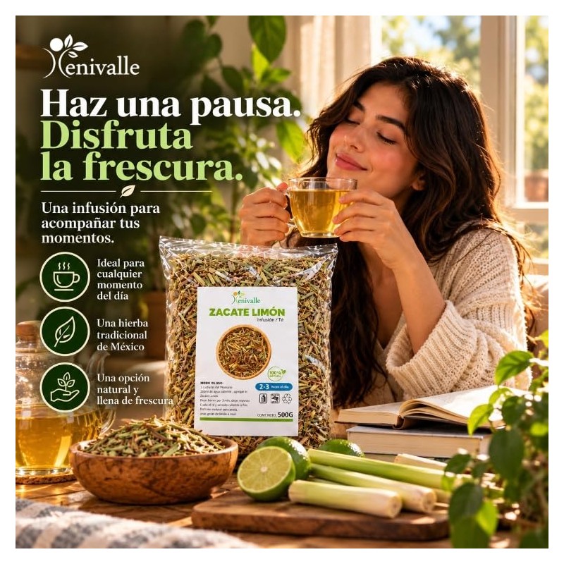 Xenivalle Zacate Limon 500g Natural para Infusiones, Ts, Mezclas Herbales