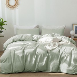 MooMee Bedding Duvet Cover Set 100% Washed Cotton Linen Like Textured Breathable Durable Soft Comfy (Sage Green, Twin)