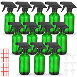 Norme 12 Pcs 8 oz Glass Spray Bottles with Funnels and Labels Refillable Cosmetic Empty Spray Bottles with Sprayer Containers for Essential Oil Cleaning Solutions(Green,Classic)