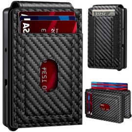 Wallet for Men | RFID Blocking Magsafe Pop Up Metal Card Holder | with 2 ID Windows and Cash Slot | Hold 12 -15 Cards | Slim Compact Bifold Smart Wallet | Magnetic Closure (Black Carbon Fiber)