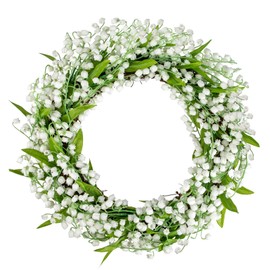 Briful White Flower Wreaths for Front Door, 16 Inch Artificial Lily of The Valley Flower Wreath with Green Leaves Hanging Indoor Wreath for Wall Mantle Window Outdoor Porch Farmhouse Christmas Decor