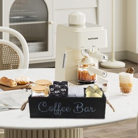 Gzsekken Coffee Station, 4 Compartments Coffee Station Organizer Kitchen Wooden Caddy for Pod Tea Bag, Coffee Bar with 2 Side Handles for Office & Home Countertop Organisation, Vintage Black