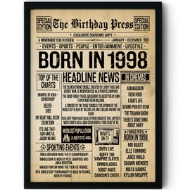 Stuff4 27th Birthday Poster Framed - Born In 1998 Vintage Newspaper - Happy 27th Birthday Gifts for Women Men Retro Back In 1998, 8x10 Inch Twenty-Seven Twenty-Seventh Decor Decoration Bday Party