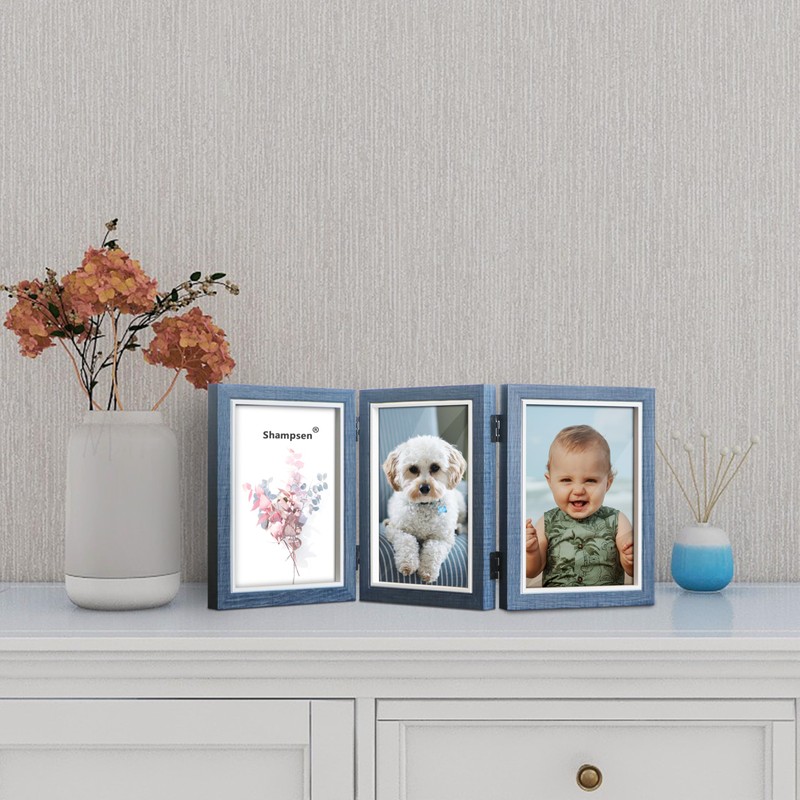 Trifold Picture Frame 5x7 Blue Photo Collage Frame Hinged Triple