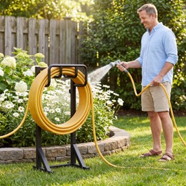 Garden Hose Holder Stand, Freestanding Heavy Duty Metal Hose Holder with Stable Base and Tool Hooks, Rustproof Water Hose Storage Rack for Outside Yard Lawn