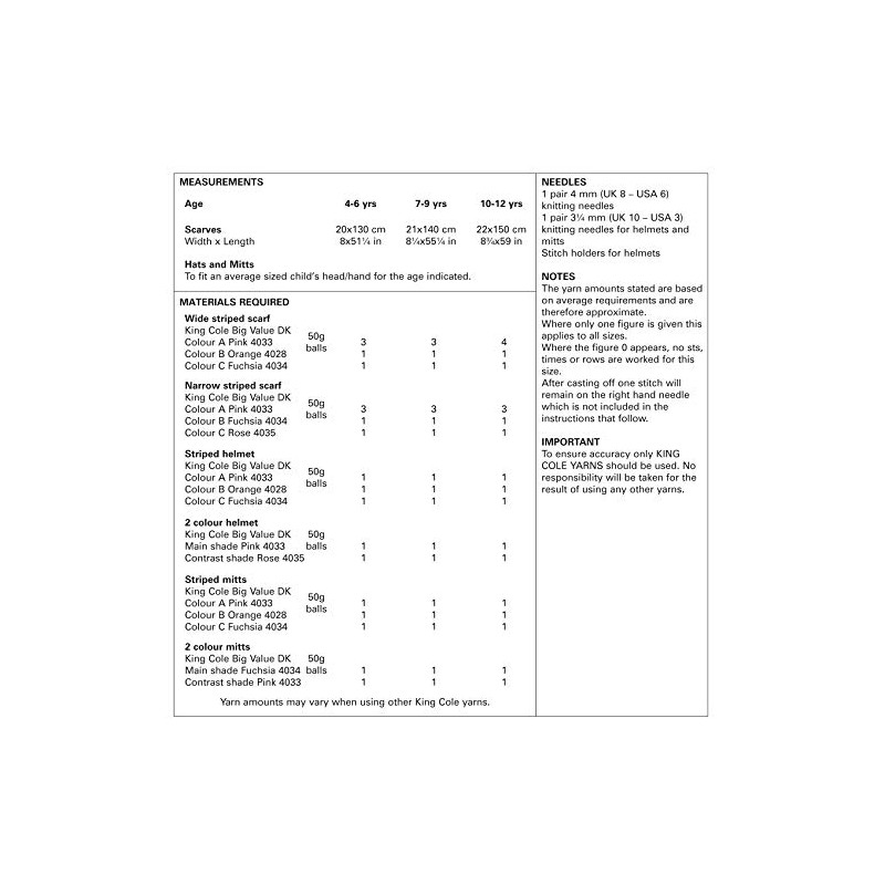 King Cole 5263 Knitting Pattern Childrens Girls Scarves Helmets Mitts