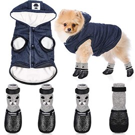 Hooded Dog Coat and Dog Cat Boots Shoes Socks Stylish Puppy Clothes Warm Dog Jacket Waterproof Dog Shoes for Small Puppy (Navy Blue,M)