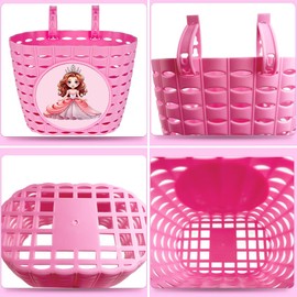 Dankeler Girls Pink Bike Basket, Cute Bicycle Front Handlebar Basket, Adjustable Plastic Tricycle Basket for Kids, Baby Girls, Toddlers (Princess)