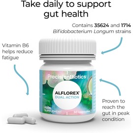 Alflorex Dual Action - Daily Gut Health Probiotics Supplement with Unique Bifidobacterium Longum Bacteria strains 35624 and 1714 + Calcium + Vitamin B6 - Bacterial Cultures - 30 Capsules