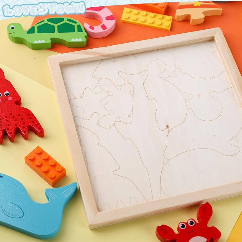 LovesTown 12PCS Wooden Stacking Puzzles, Educational Toys Sea Animal Chunky
