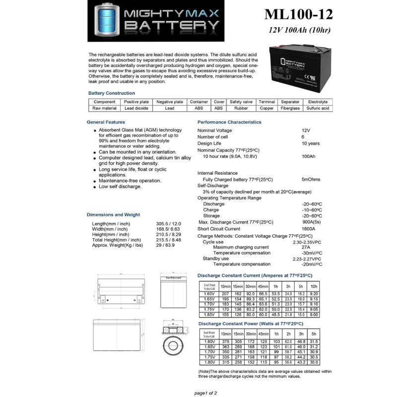 Mighty Max 12V 100Ah SLA AGM Battery for AC Solar