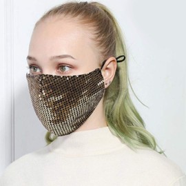 Yheakne Sequin Bling Anti-Dust Mouth Guard with Adjustable Ear Loops Neck Strap Clip for Women Glitter Decorative Fabric Cover Washable Reusable (Gold)