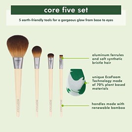 EcoTools Core Five - Juego de brochas y esponjas de maquillaje, para sombra de ojos, colorete, bronceador, delineador y base, esponja para mezclar maq