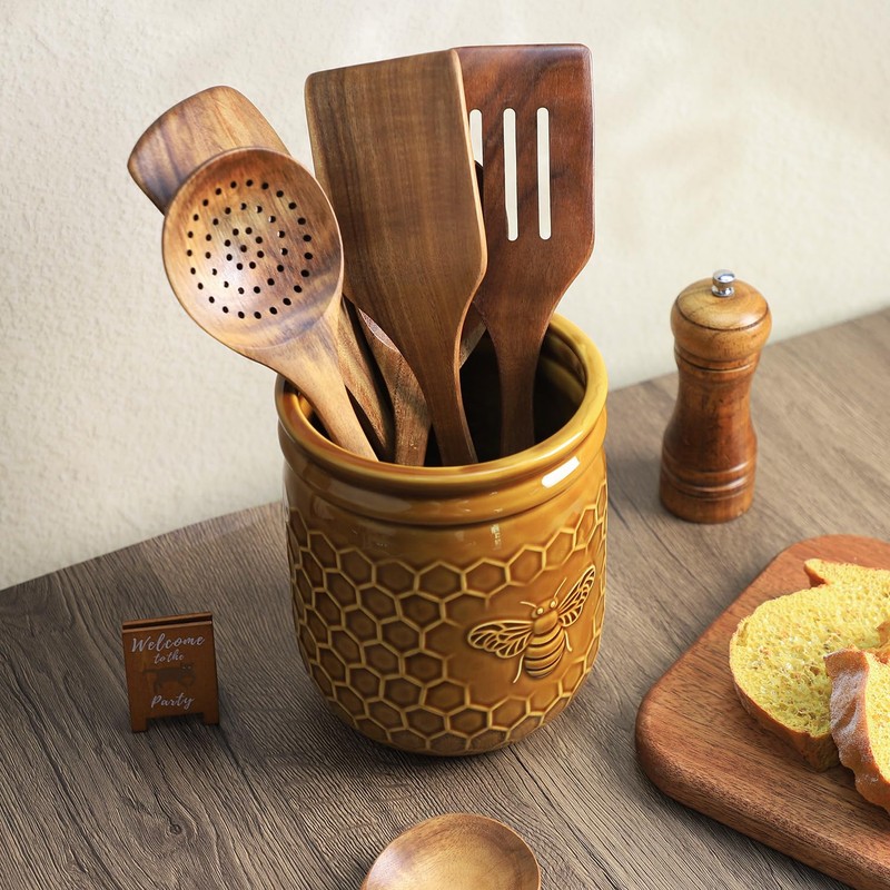 Bicuzat Retro Honeycomb and Bee Embossed Ceramic Kitchen Utensil Holder,