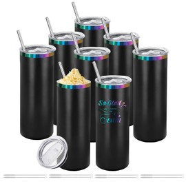 YOUKE OLA 8 Pack Rainbow Plated Stainless Steel Tumbler Straight Double Wall Powder Coated for Laser Engrave, 20oz Black To Iridescent