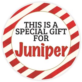 This is a Gift for Juniper - 100 Pack Circle Stickers 3 Inch - Candy Cane Merry Christmas Gift Tag Present Tree Holiday Custom Name Santa Claus