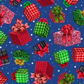 Platinum So n Sews Wrapped Christmas Presents Tossed on a Blue B/G-Quilting Treasures-BTY