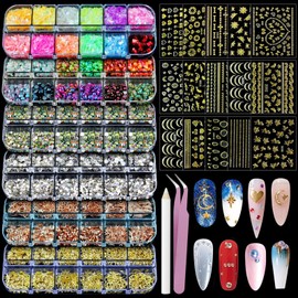 Artdone Nail Art Glitter Studs Kit, 6 boxes Multicolor and Design 3D Charms With 15 Sheets Gold Nail Stickers, Diamond Cute Nail Jewels For DIY Decoration with Pickup Tools