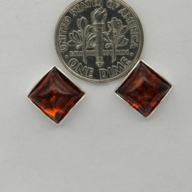 Amber America Cognac / Brown Square BALTIC AMBER Post Stud Earrings 925 STERLING SILVER #1108