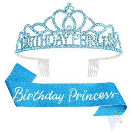 CAVETEE Birthday Princess Crowns for Women Birthday Princess Sash and Tiara for Girl Women Birthday Party Decorations for Girl Gifts Set Birthday Sash and Crown for Women (Blue)