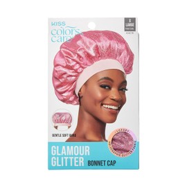 KISS COLORS & CARE Glitter Bonnet XL, Pink Pearl, Gentle Silky Fabric with Elastic Band for Most Hair Types - Hypoallergenic, Overnight Wear Stylish Sleep Cap, Slip-Free, Breathable