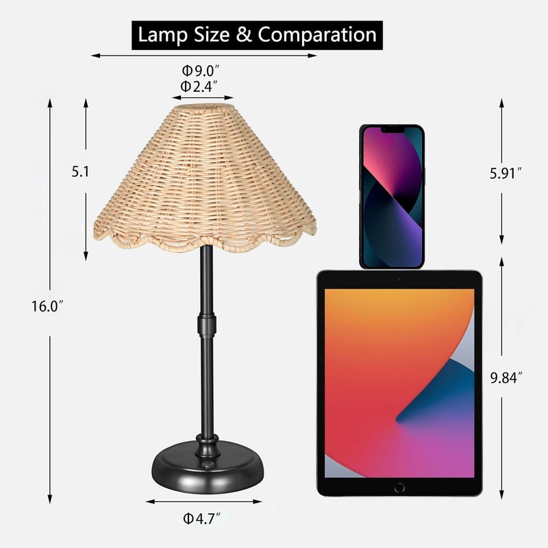 Folux Cordless Boho Rattan Table Lamp Black, 5200-mAh Rechargeable Battery,