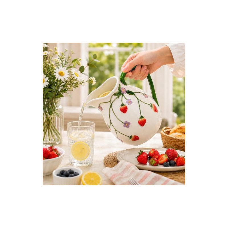 White Strawberry Pitcher Vase Ceramic Jug with Handle | Home