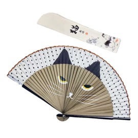 deaizaka.biz Women's Large Cat Face Folding Fan Pattern, Brown with Pouch, Braun