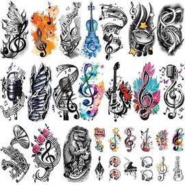 77 Sheets Music Temporary Tattoos Adult Kids Fake Tattoos Birthday Music Festival Party Favors Half Arm Sleeves Guitar Violin Piano Music Notes Tattoos Stickers for Men Women Kids