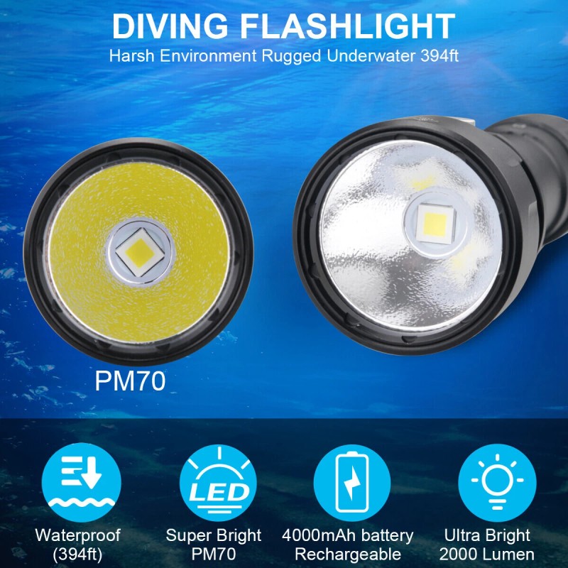 Hecloud Underwater 400ft Waterproof LED Scuba Dive Light Rechargeable Diving