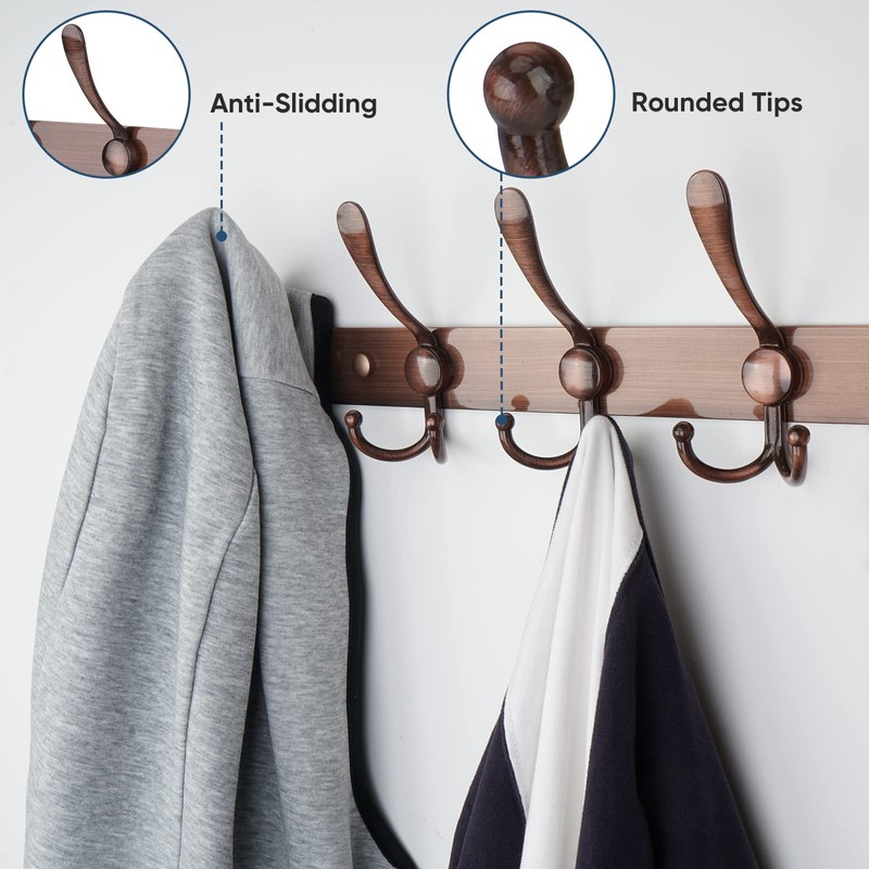 TICONN Wall Mounted Coat Rack, Five Heavy Duty Tri Hooks