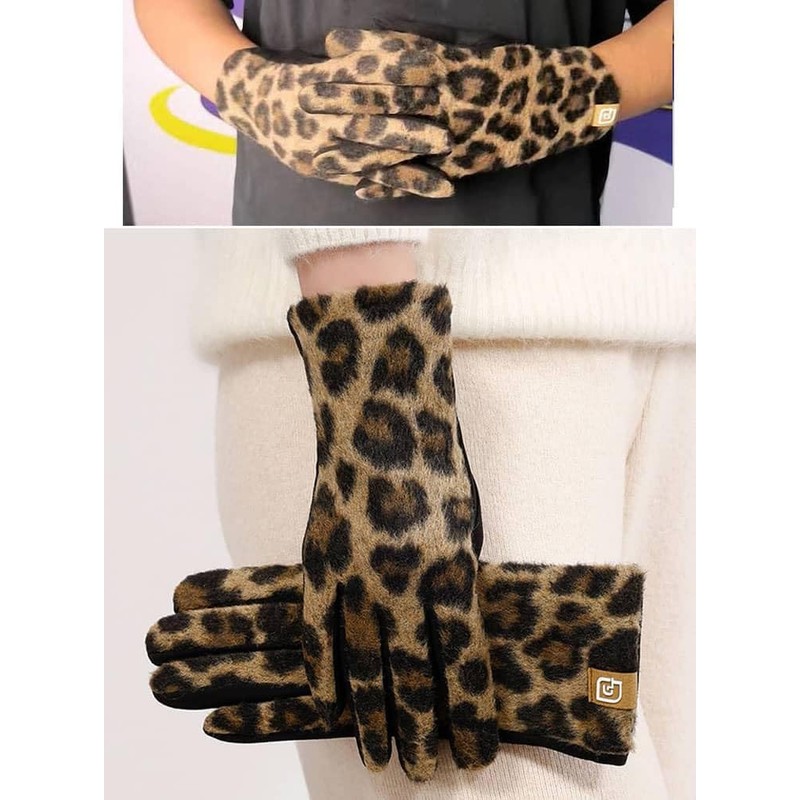 Azyekiny Women Leopard Print Touchscreen Gloves Womens Animal Printing Wool