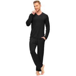JINSHI Men's Pyjamas Set Lounge Wear Pants Bottom Long Sleeve V-Neck T Shirts Soft Comfy 2 Piece Pjs Sleepwear Set Black Size L