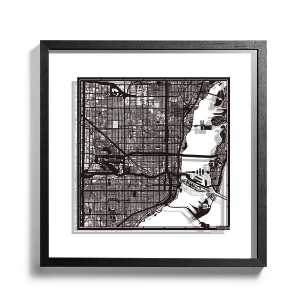 O3 Design Studio Miami Cut Map Framed, Black map, Black