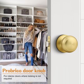 Probrico Interior Door Knob for Hallway, Gold Door Knobs Closet Door Knob, Brushed Brass Passage Door Knobs with Round Ball Knob, 2 Pack