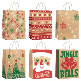 Ginkgo 24-Pack Christmas Gift Bags – 6 Assorted Xmas Designs, Small Christmas Goody Bags Bulk with Handles for Wrapping Gifts, Party Favors and Holiday Decor