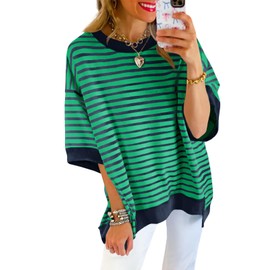 Tankaneo Womens Oversized T Shirts Striped Color Block Cotton Tops Summer Casual Half Sleeve Loose Fit Crewneck Sweatshirts Dark Green