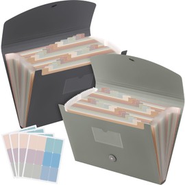 Harloon 2 Pack 24 Pockets Expanding File Folder with Cover Labels, Expanding File Organizer with Expandable Cover, Desktop Folders Letter A4 Paper Document Storage Organizer (Gray, Dark Green)
